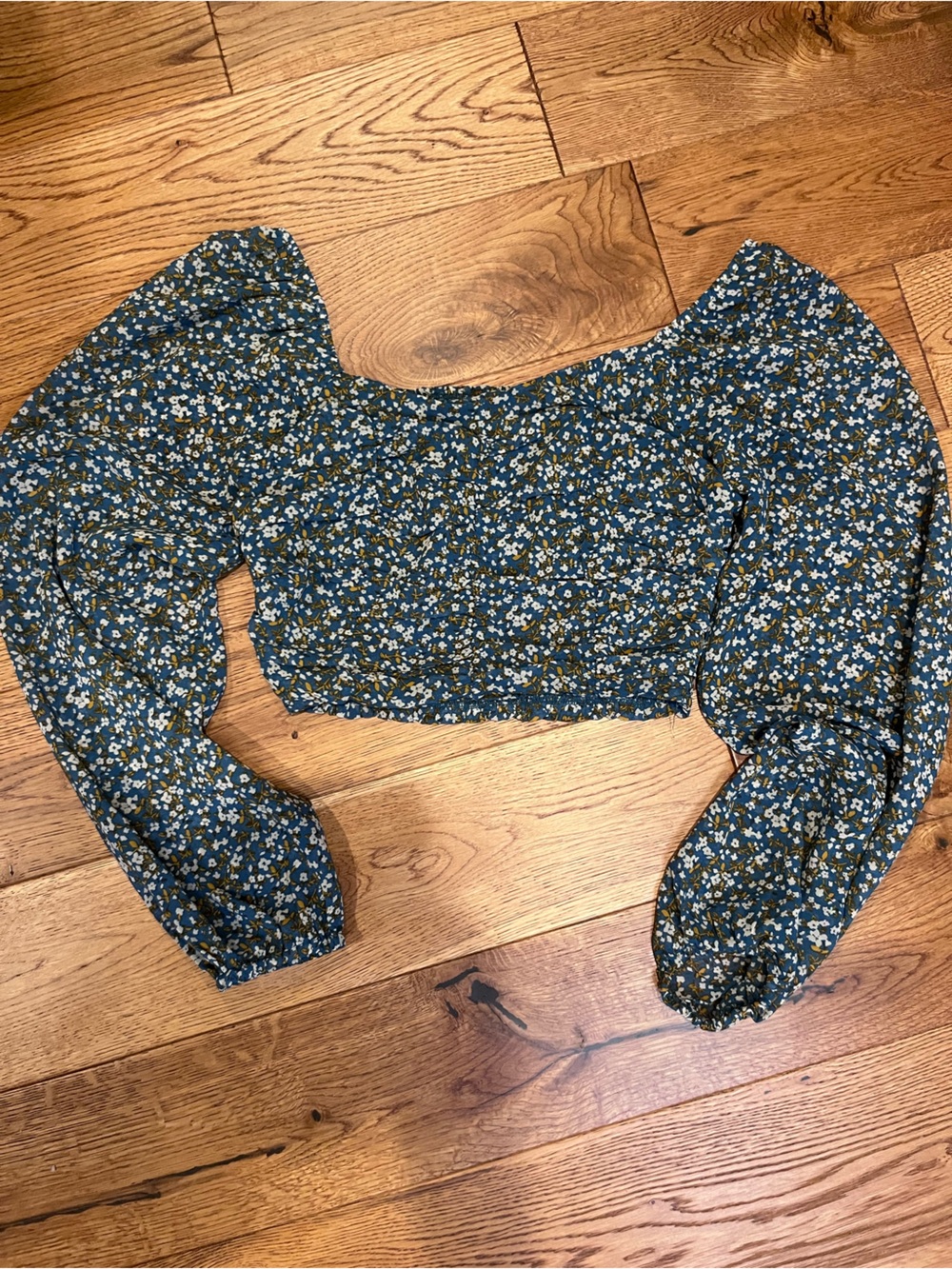 Altar'd State Blue and Green Floral Smocked Cropped blouse